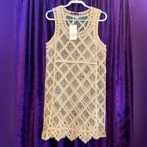 Zara NWT WM cream white sleeveless open crochet boho fairy minidress lace trim